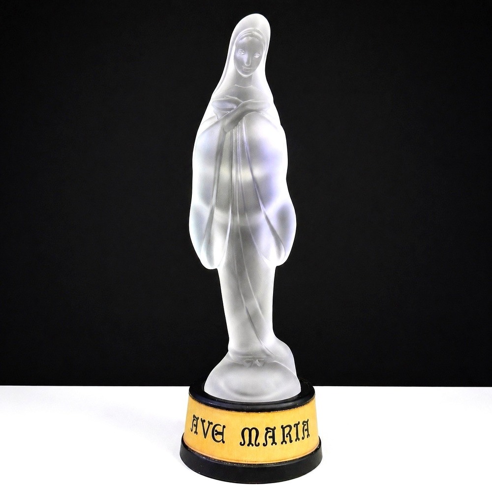 VTG Fostoria Silver Mist Madonna Frosted Satin Glass Figurine Base Ave Maria 10"